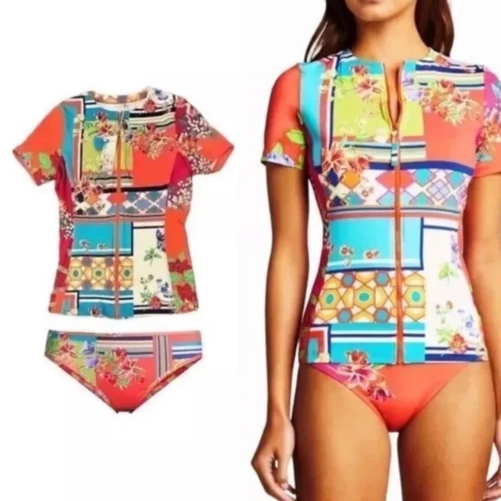Johnny Was Nanya Surf  2 Pieces Swimming Suit Zip Up Shirt & Bikini Bottom Sz XS